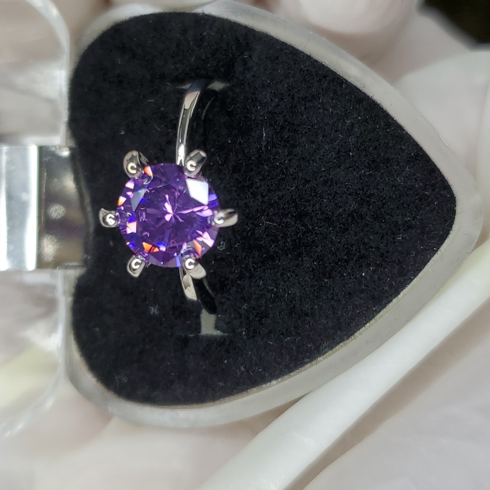 3/Glass Stone 6-Prong Silver Rings|Clear-Green-Purple|Single Cut Glass-Sz 9.5 - Picture 2 of 12